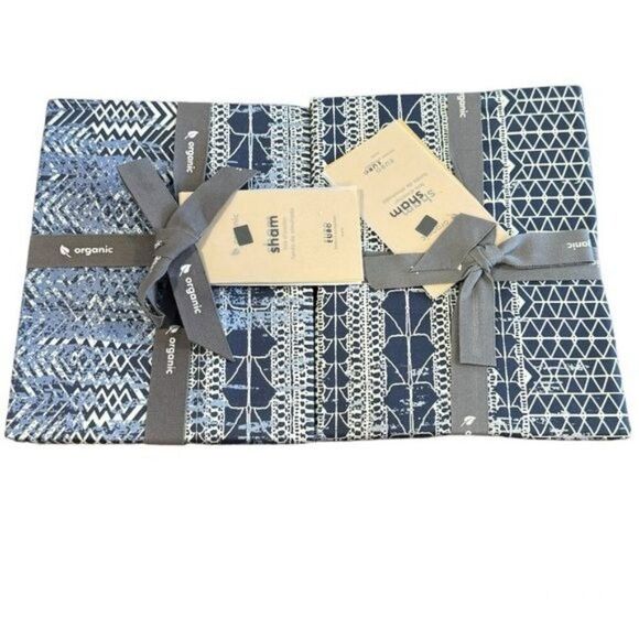 West Elm Sateen Echo Organic Cotton 300 Thread Count Pattern Euro Shams Navy NEW
